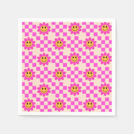 市松模様にピンクの微笑み花 スタンダードカクテルナプキン