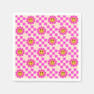 市松模様にピンクの微笑み花 スタンダードカクテルナプキン