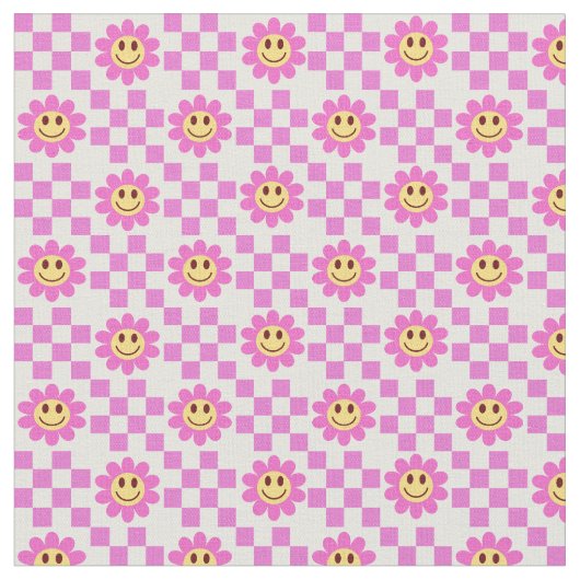 市松模様にピンクの微笑み花 ファブリック (クローズアップ)
