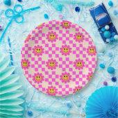 市松模様にピンクの微笑み花 ペーパープレート (パーティー)