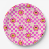 市松模様にピンクの微笑み花 ペーパープレート (正面)