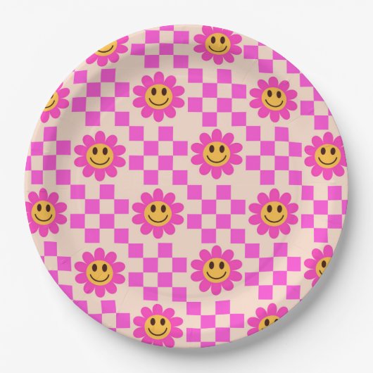 市松模様にピンクの微笑み花 ペーパープレート (正面)