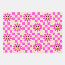 市松模様にピンクの微笑み花 ラッピングペーパーシート