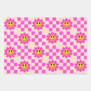 市松模様にピンクの微笑み花 ラッピングペーパーシート