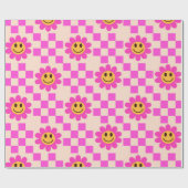 市松模様にピンクの微笑み花 ラッピングペーパー (フラット)