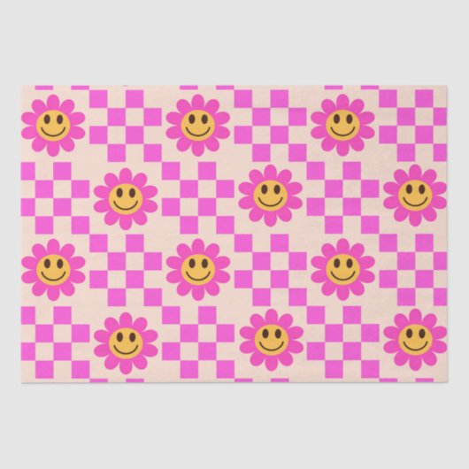 市松模様にピンクの微笑み花 薄葉紙 (正面)