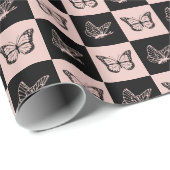 市松模様にベビーピンクと黒の蝶のパターン ラッピングペーパー (ロールコーナー)