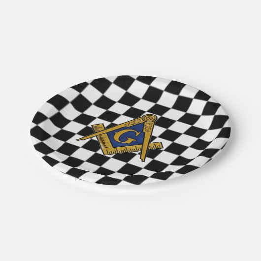 市松模様にマソニックフリーメゾンズスクエアとコンパス ペーパープレート (アングル)