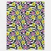 市松模様にライム紫色の花の毛布 フリースブランケット (正面)