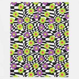 市松模様にライム紫色の花の毛布 フリースブランケット