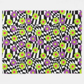 市松模様にライム紫色の花の毛布 フリースブランケット (正面(横))