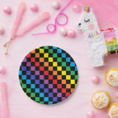 市松模様にレインボー ペーパープレート (パーティー)