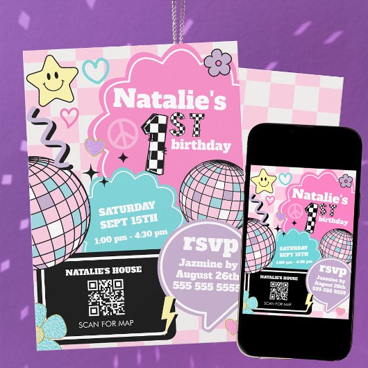 市松模様にレトログルーヴィディスコ1st誕生日パーティー 招待状