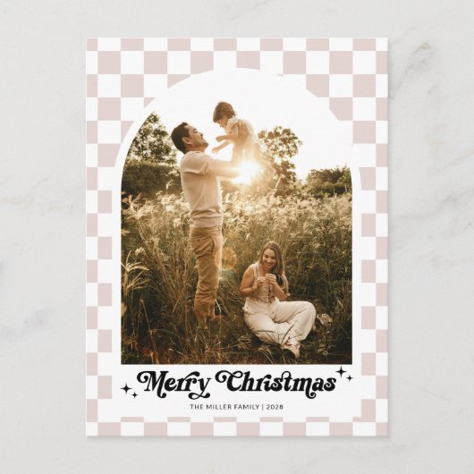 市松模様にレトロファミリーアーチ写真 シーズンポストカード (正面)