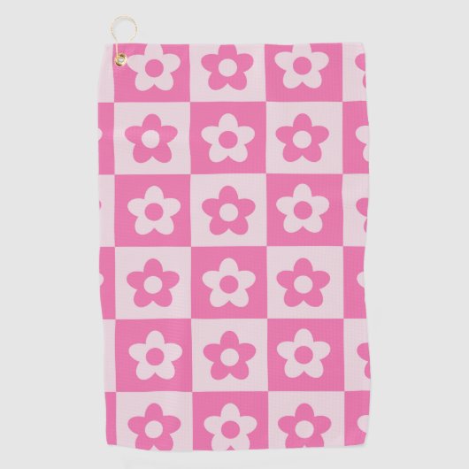 市松模様にレトロ花ホットピンク ゴルフタオル (正面)