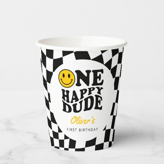 市松模様に名門私立校風のスマイルワンハッピードダデ1歳の誕生日 紙コップ (左)