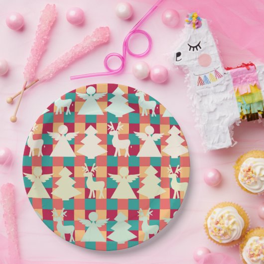 市松模様に天使やトナカイや木の模様 ペーパープレート (パーティー)