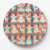 市松模様に天使やトナカイや木の模様 ペーパープレート (正面)