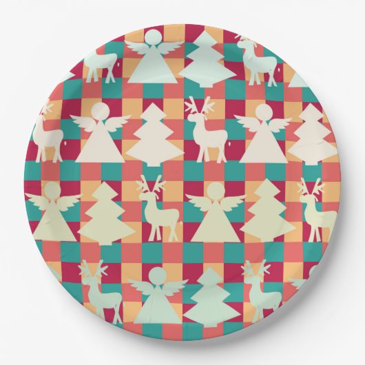 市松模様に天使やトナカイや木の模様 ペーパープレート (正面)