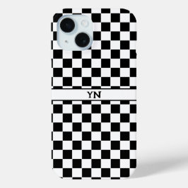 市松模様に市松模様に黒と白のイニシャル名 iPhone 15ケース