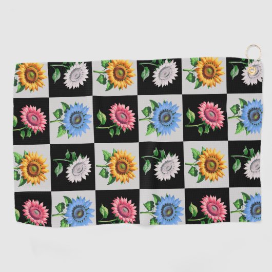 市松模様に数々の色ひまわりフローラデザイン ゴルフタオル (横)