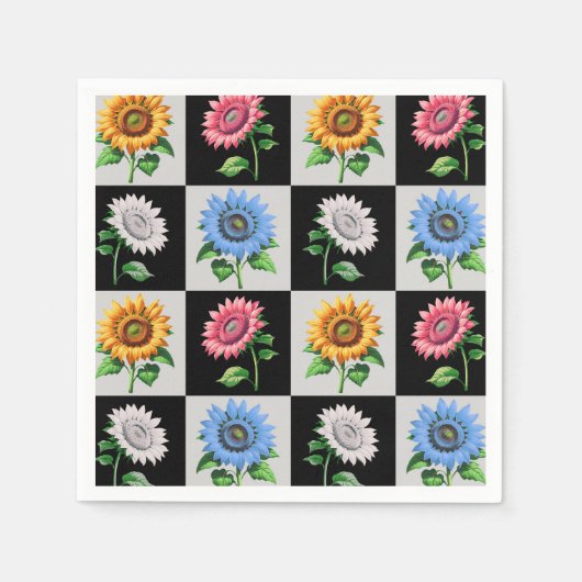 市松模様に数々の色ひまわりフローラデザイン スタンダードカクテルナプキン (正面)