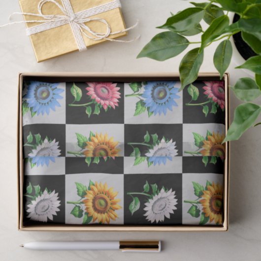 市松模様に数々の色ひまわりフローラデザイン 薄葉紙 (ギフト)