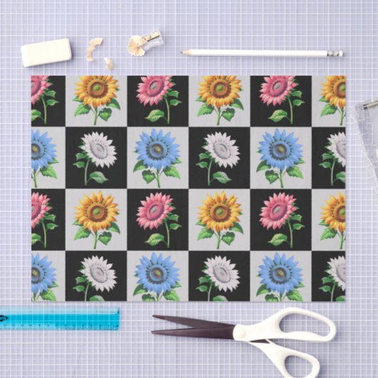 市松模様に数々の色ひまわりフローラデザイン 薄葉紙 (クラフト)