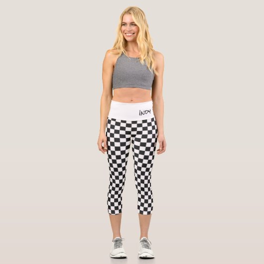 市松模様に旗競走スポーツカスタム文字INDY車 カプリレギンス (正面)