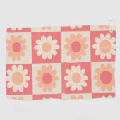 市松模様に桃レトロ花のパターン ゴルフタオル (横)