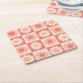 市松模様に桃レトロ花のパターン スクエアペーパーコースター (アングル)