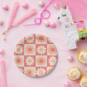 市松模様に桃レトロ花のパターン ペーパープレート (パーティー)