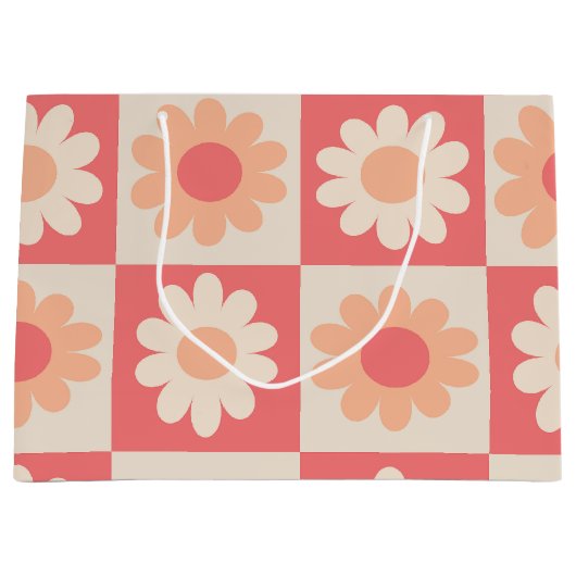 市松模様に桃レトロ花のパターン ラージペーパーバッグ (正面)