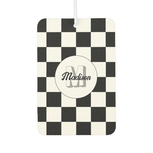市松模様に正方形の白黒レトロモノグラム カーエアーフレッシュナー (正面)