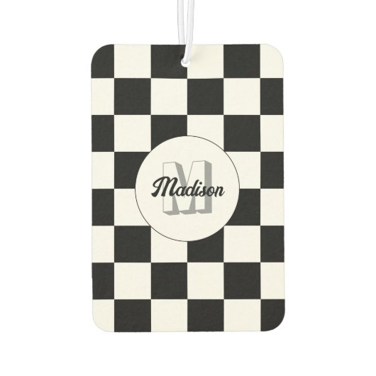 市松模様に正方形の白黒レトロモノグラム カーエアーフレッシュナー (裏面)