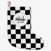 市松模様に正方形の白黒レトロモノグラム スモールクリスマスストッキング (正面)