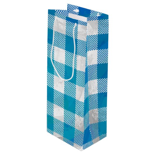 市松模様に水牛の格子青と白 ワインギフトバッグ (正面アングル)