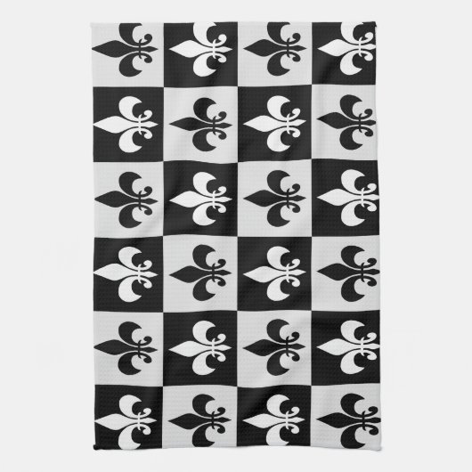 市松模様に白黒フルーアDe-Lisパターン キッチンタオル (縦)