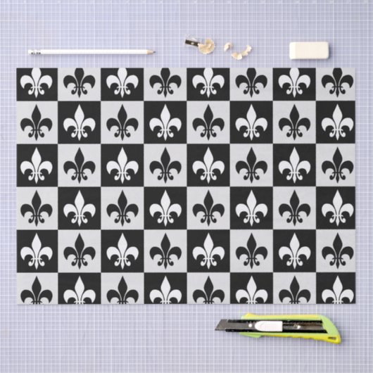 市松模様に白黒フルーアDe-Lisパターン 薄葉紙 (クラフト)