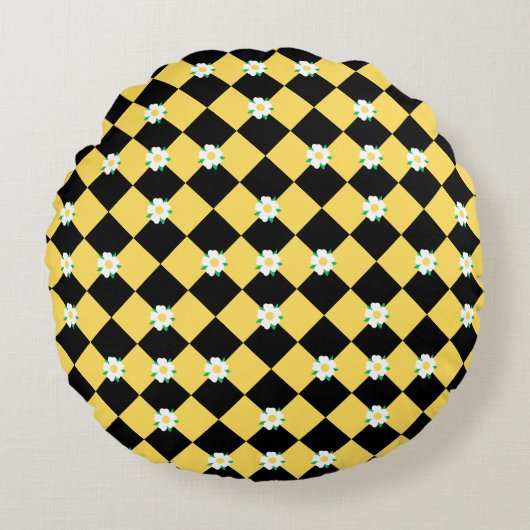 市松模様に白黒花 ラウンドクッション (正面)