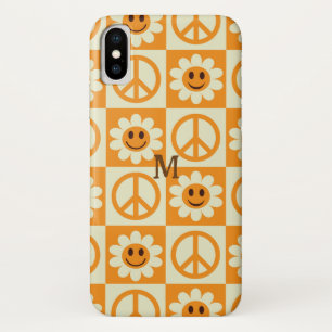 市松模様に笑顔の花ピースサインオレンジカスタム色 iPhone X ケース