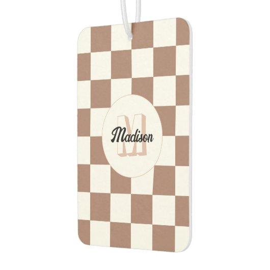 市松模様に茶の茶色の白レトロモノグラム カーエアーフレッシュナー (左)