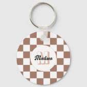 市松模様に茶の茶色の白レトロモノグラム キーホルダー (裏面)