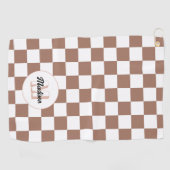 市松模様に茶の茶色の白レトロモノグラム ゴルフタオル (横)