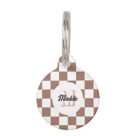 市松模様に茶の茶色の白レトロモノグラム ペット　ネームタグ