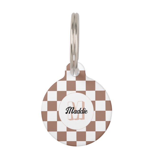 市松模様に茶の茶色の白レトロモノグラム ペット　ネームタグ (正面)