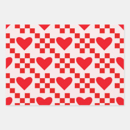 市松模様に赤いハートパターン ラッピングペーパーシート