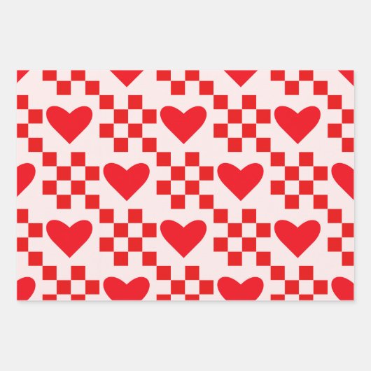 市松模様に赤いハートパターン ラッピングペーパーシート (正面2)
