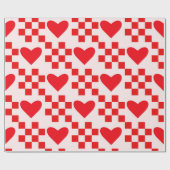 市松模様に赤いハートパターン ラッピングペーパー (フラット)