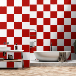 市松模様に赤白幾何レトロ 壁紙